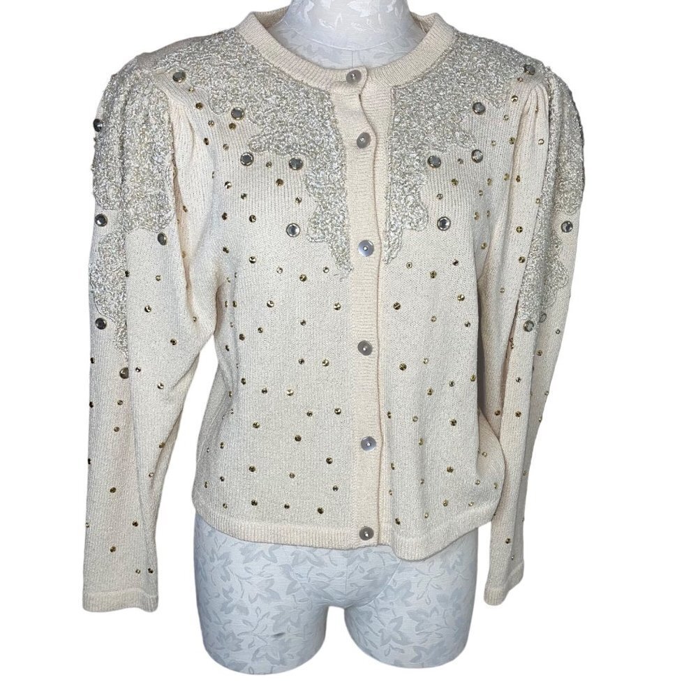 Antonella Preve Vintage Cardigan Sweater Size Medium Cream Silver Metallic Studs
